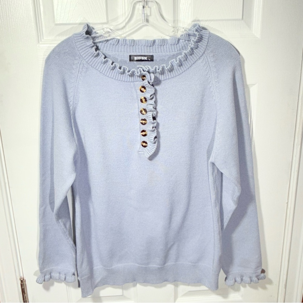 BTFBM Ruffle Sweater Womens M Light Blue Button-Down 50% Viscose Style 7040